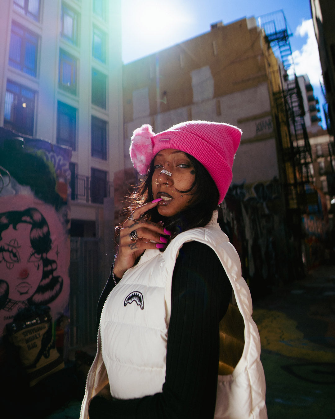PINK LIL BEAR PUFF BEANIE